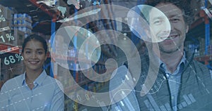 Image of statistics and financial data processing over man and woman working in warehouse