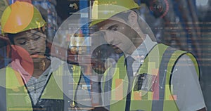 Image of statistics and financial data processing over man and woman working in warehouse