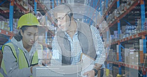 Image of statistics and financial data processing over man and woman working in warehouse