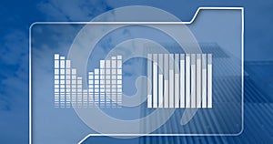 Image of statistics and financial data processing over modern building