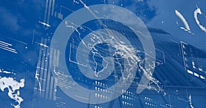 Image of statistics and financial data processing over modern building