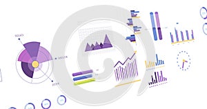 Image of statistics, graphs and financial data processing over white background