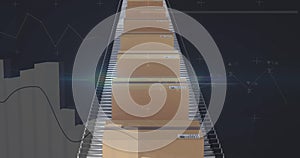 Image of statistics processing over cardboard boxes on conveyor belt on black background
