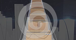 Image of statistics processing over cardboard boxes on conveyor belt on black background