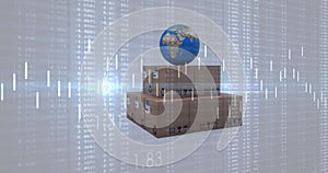 Image of statistics processing over globe and cardboard boxes