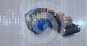 Image of statistics processing over globe and cardboard boxes