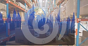 Image of statistics processing over globe and cardboard boxes in warehouse
