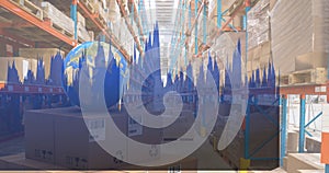 Image of statistics processing over globe and cardboard boxes in warehouse