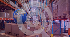 Image of statistics processing over globe and cardboard boxes in warehouse