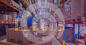 Image of statistics processing over globe and cardboard boxes in warehouse