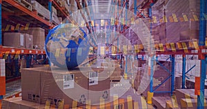 Image of statistics processing over globe and cardboard boxes in warehouse