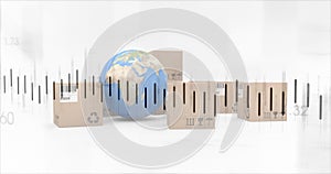 Image of statistics processing over globe and cardboard boxes on white background