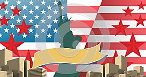 Image of statue of liberty over flag of united states of america