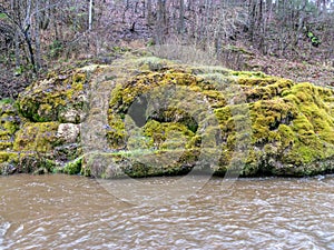 Image of a steep river and mossy coastline, the texture of the water gives the feeling of something soft