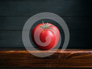 Image of Still Life with Tomato. Dark wood background, antique wooden table