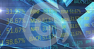 Image of stock exchange financial data processing over glowing blue squares