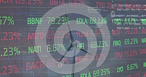 Image of stock market data processing over spinning windmill against blue sky