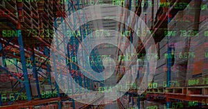 Image of stock market and financial data processing over empty warehouse