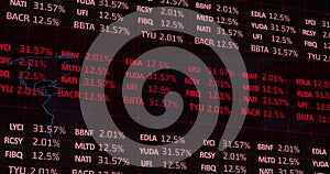 Image of stock market over world map on black background