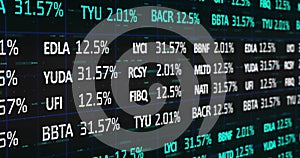 Image of stock market over world map on black background