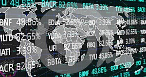 Image of stock market over world map on black background