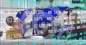 Image of stock market with world map over diverse business people at office
