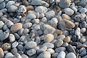 Stones of various sizes on the seashore photo