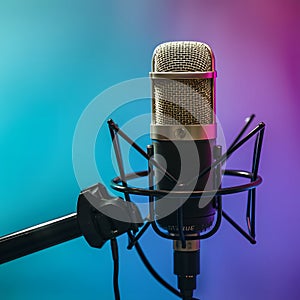 Image Studio podcast microphone on gradient blue background, broadcasting equipment photo