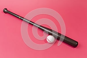 Image of Stylish Laquered Wooden Brown American Baseball Bat Placed With Clean Leather White Baseball Ball Together Over Trendy