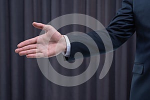Image of a stylish man in a suit holding out his hand for a handshake. Business concept