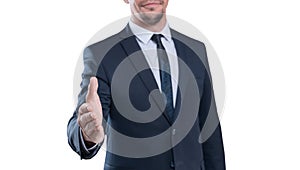 Image of a stylish man in a suit holding out his hand for a handshake on a white background. Business concept