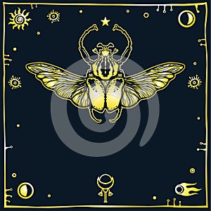 Image of the stylized bug Goliath, a decorative frame, space symbols. Esoteric, mysticism, occultism.