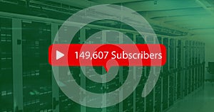 Image of subscribers text and digital data processing and 6g text over computer servers