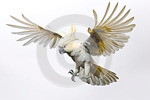 Image of a sulphur-crested cockatoo with spread wings in flight on a white background. Wildlife. Bird. Illustration, Generative AI