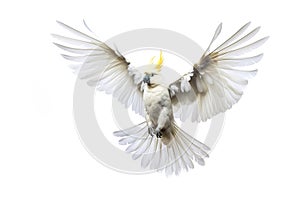 Image of a sulphur-crested cockatoo with spread wings in flight on a white background. Wildlife. Bird. Illustration, Generative AI