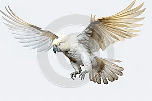 Image of a sulphur-crested cockatoo with spread wings in flight on a white background. Wildlife. Bird. Illustration, Generative AI