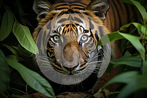 Image Sumatran tiger stealthily stalking prey in the dense jungle closeup