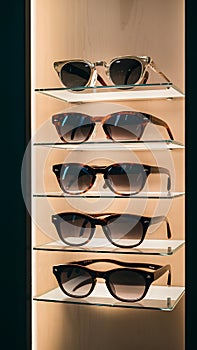 Image Sunglasses displayed in optics store showcase, modern eyewear