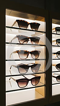 Image Sunglasses displayed in optics store showcase, modern eyewear