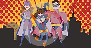 Image of superhero family embracing on yellow background