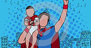Image of superhero family together on blue background