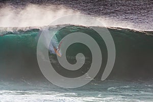 Image Surfer on Blue Ocean Big Mavericks Wave in California