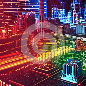 image of a surreal cityscape on the circuit motherboard.