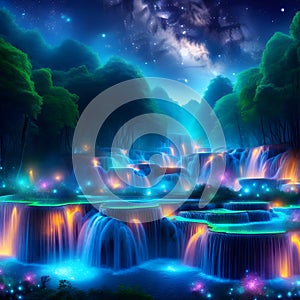 image of a surreal landscape where a cascade of bio-luminescent waterfalls flow through a mystical forest.