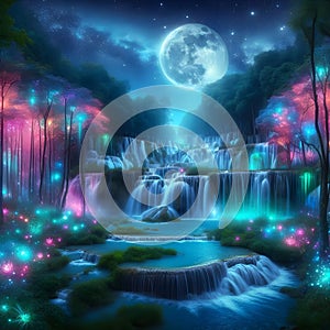 image of a surreal landscape where a cascade of bio-luminescent waterfalls flow through a mystical forest.