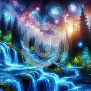 image of a surreal landscape where a cascade of bio-luminescent waterfalls flow through a mystical forest.