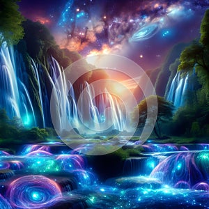 image of a surreal landscape where a cascade of bio-luminescent waterfalls flow through a mystical forest.