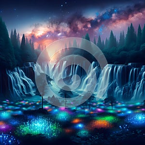 image of a surreal landscape where a cascade of bio-luminescent waterfalls flow through a mystical forest.