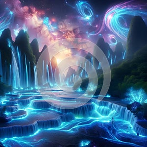 image of a surreal landscape where a cascade of bio-luminescent waterfalls flow through a mystical forest.