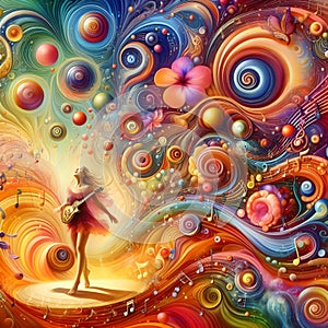 image of surrealism fantastic swirling imagination music flowers sunny happiness joyful journey beautiful life.